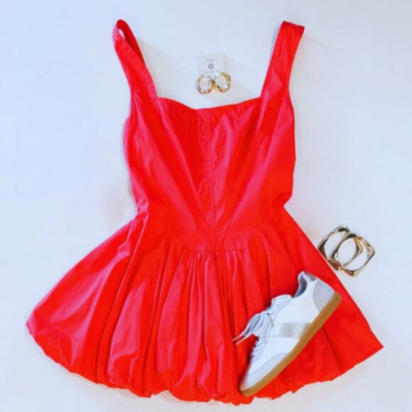 Solid Cotton Red Puff Skirted Mini Dress Retro Rockabilly NEW NWT - Picture 4 of 7